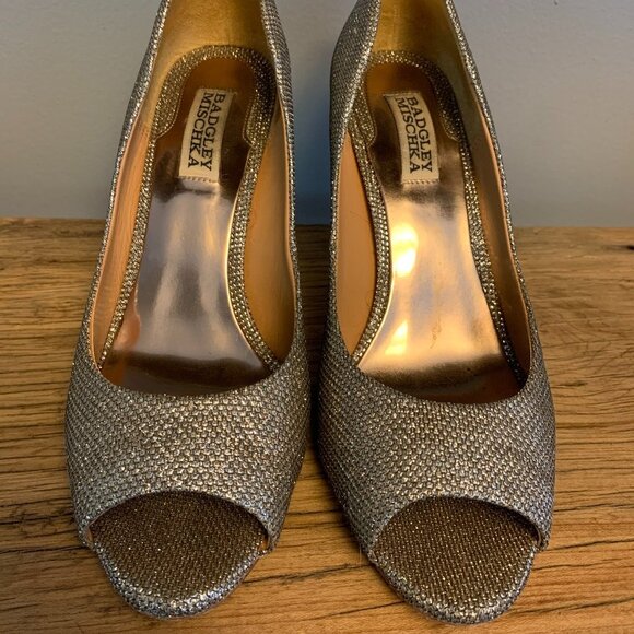 Badgley Mischka Peep Toe Gold Glitter Heels - Picture 2 of 7